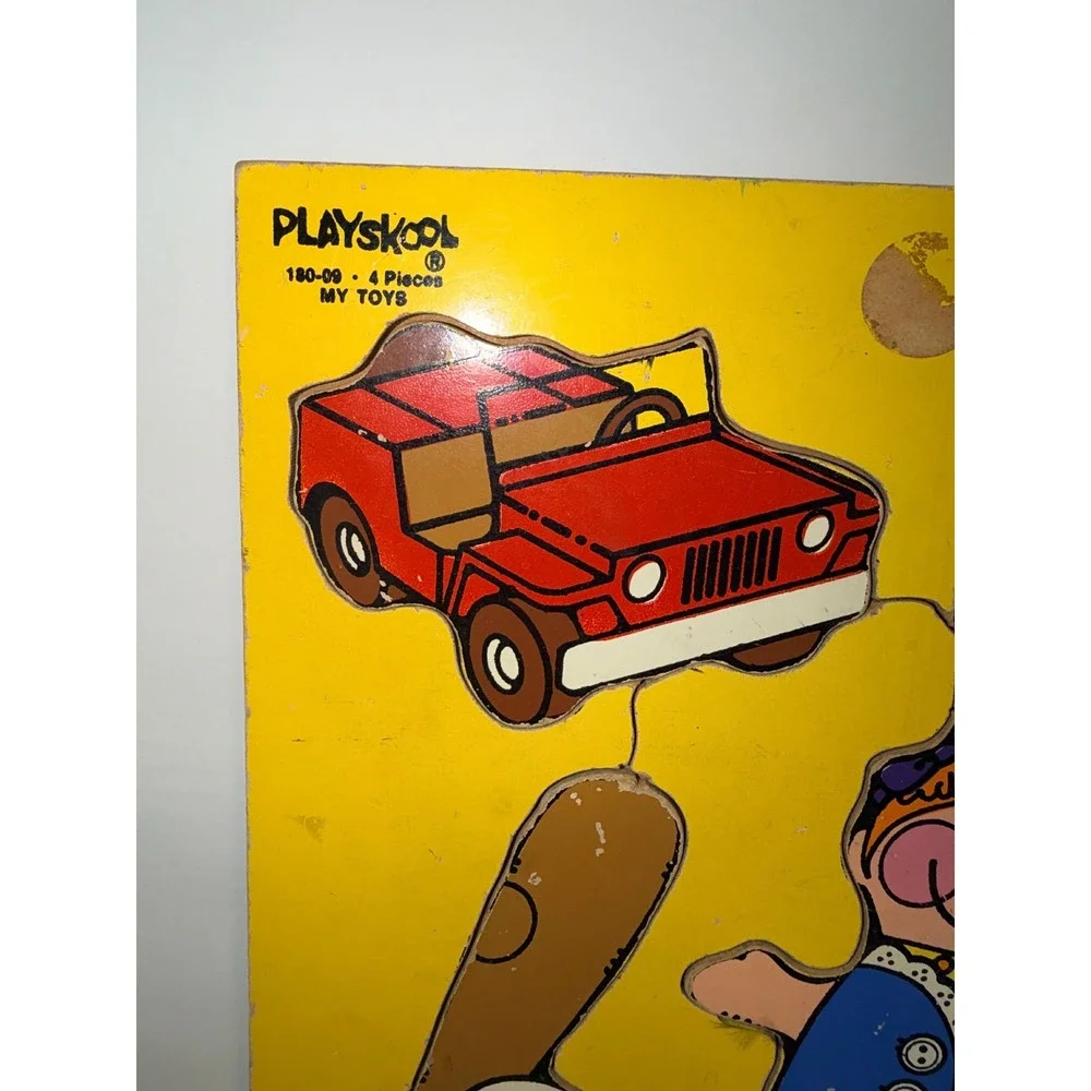 Vintage Playskool Wooden Inlay Puzzle 180-09 My Toys 4 Pieces Jeep Drum Baseball